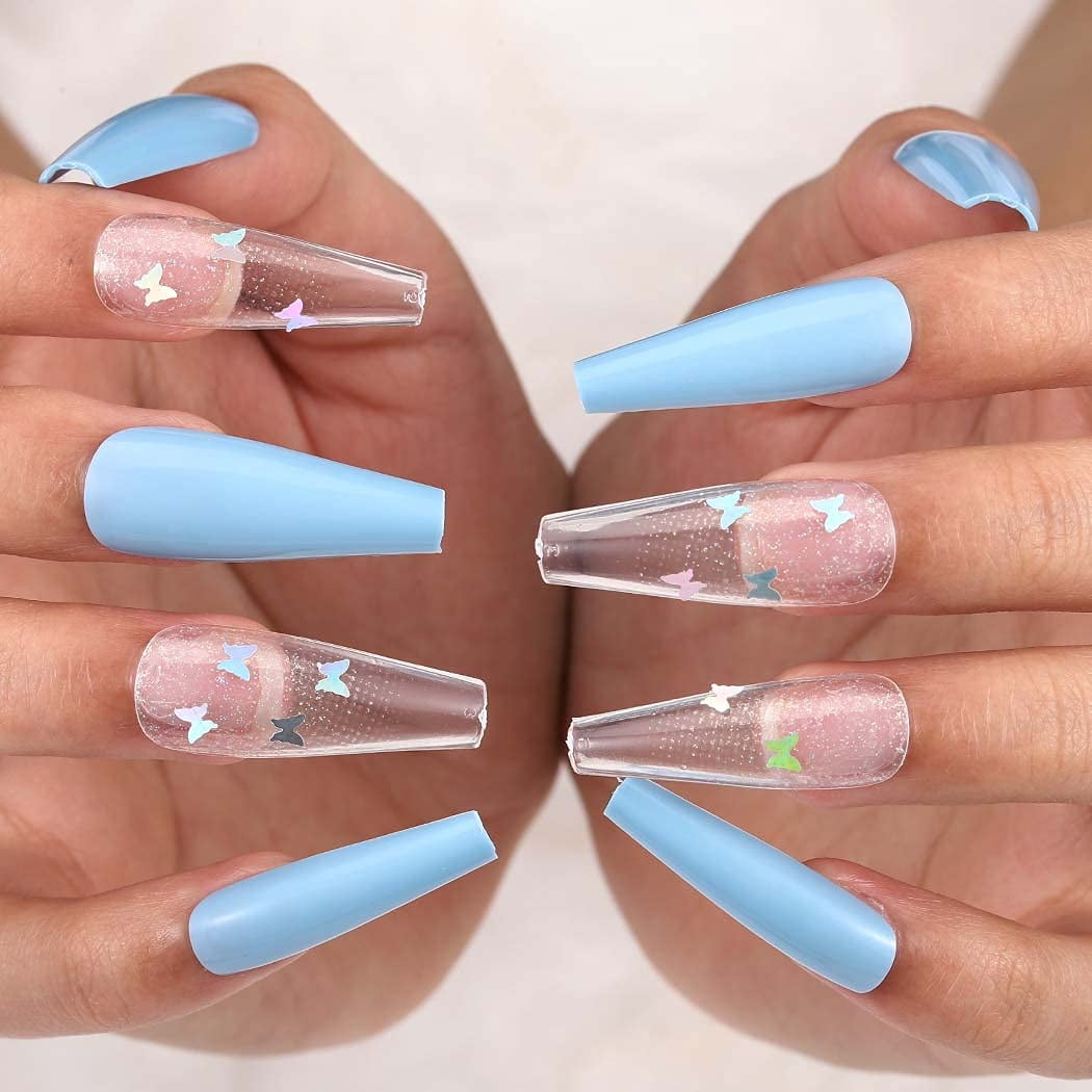 Butterfly Fake Nails Coffin Glossy Extra Long Press On Nails Ballerina  Designer Blue False Nails Full Cover Nails with Design for Women and Girls  24pcs (Blue)(Jp957 Blue)(JP957 Blue) - Walmart.com