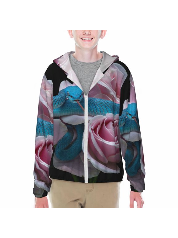 Blue Lipped Pit Viper And Three Pink Roses Print Fishing Shirts for teenager Long Sleeve UV Sun Protection Hoodie with Zipper Outdoor Hiking Shirts-XX-Large