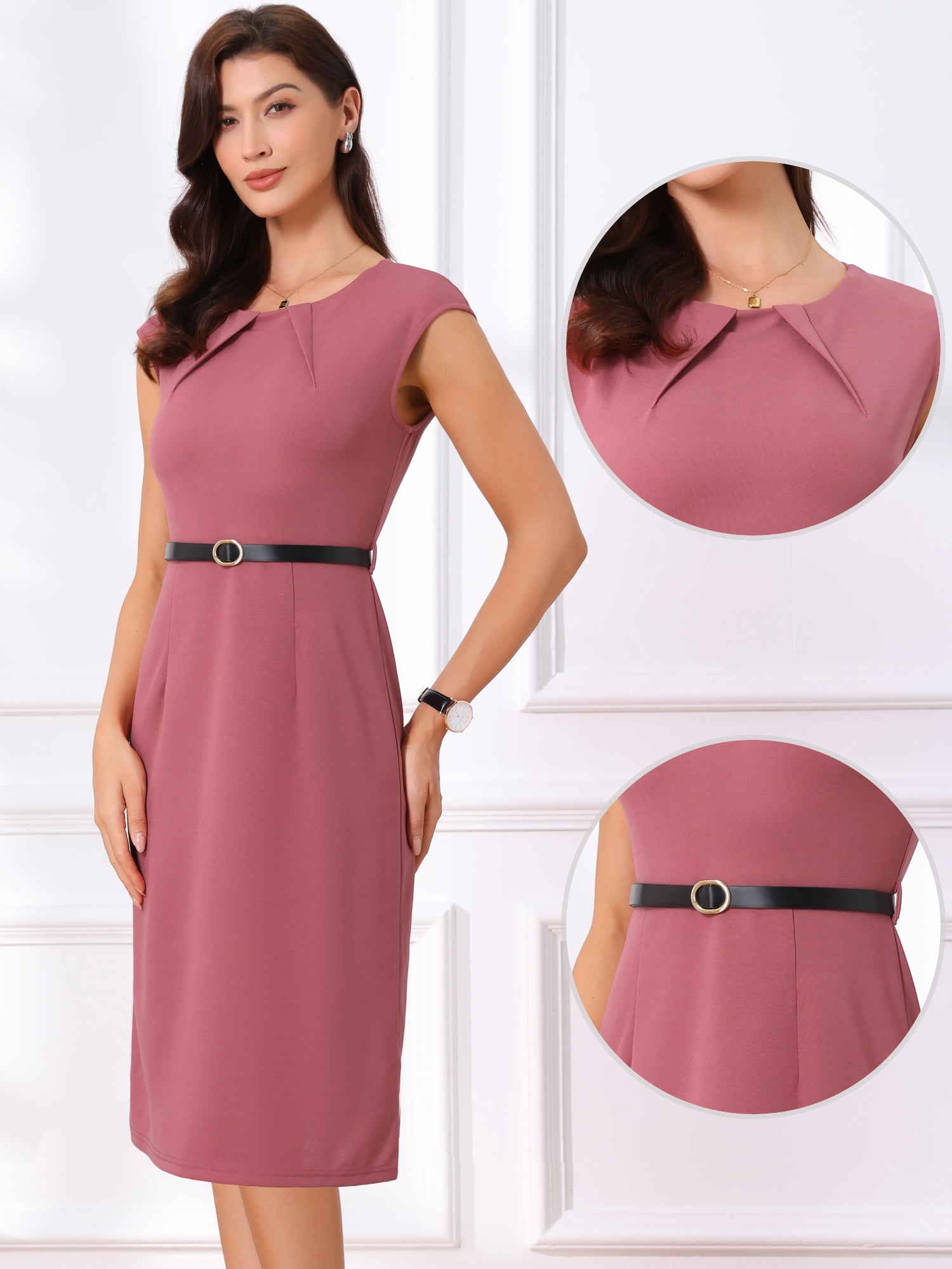 DARING DIVA Women's Work Elegant 2026 Cap Sleeve Belted Office Sheath Dress M Dark Pink