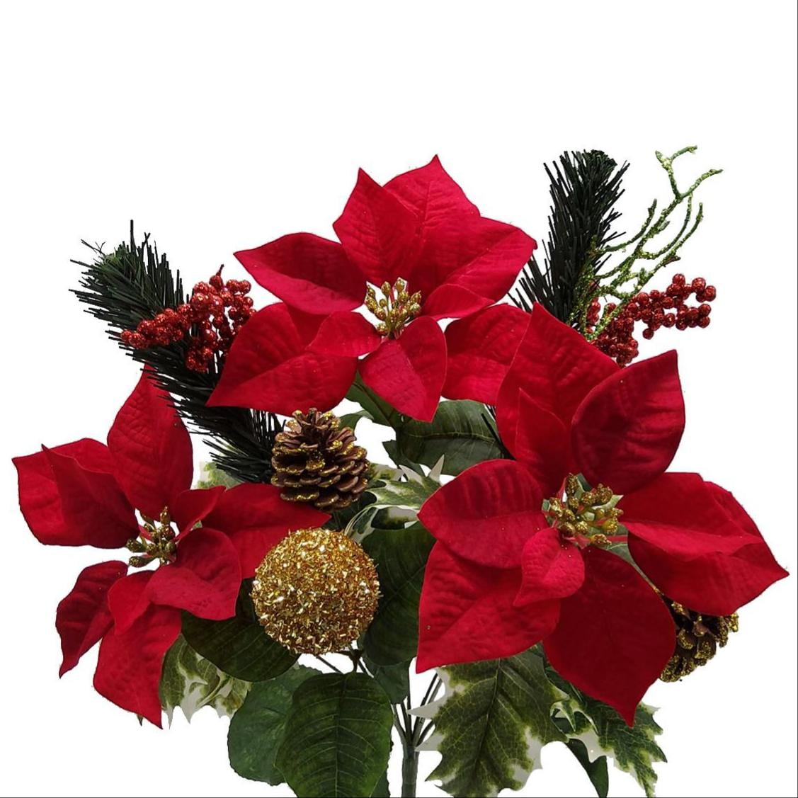 Zeyune Christmas Poinsettias Artificial Christmas Flowers Floral Red Table  Top Pinecone Poinsettia and Holly Berries Silk Flower Arrangements in