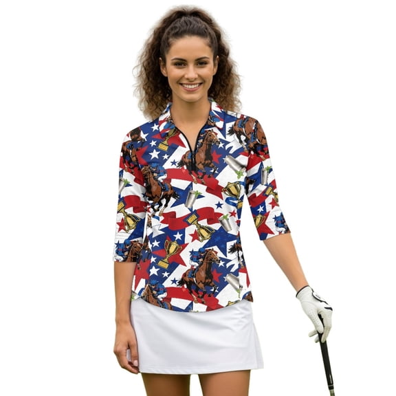 HUIACONG Horse Racing Design Womens 3/4 Sleeve Golf Shirts Fashionable Polyester Spandex Fabric with Quarter Zip Women's Golf Polo Shirts for Ladies