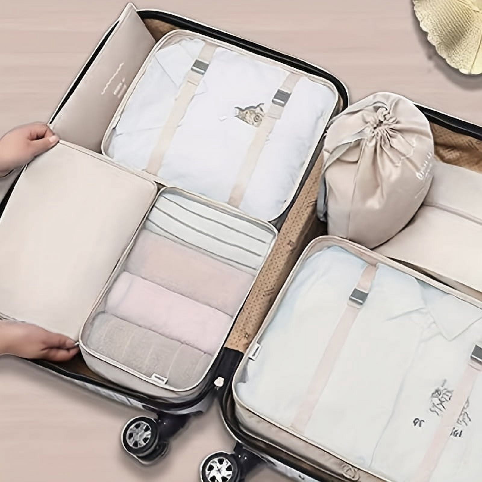 7pcs Set Travel Packing Cubes, Portable Mesh Luggage Storage Bag, Underwear Clothes Organizer Bag With Shoes Bag