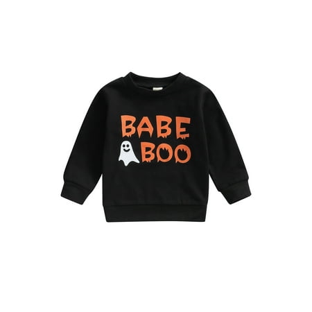 

aturustex Toddler Boy Girl Halloween Long Sleeve Pullover Ghost Capital Letters Printed Patchwork Leisure Style Loose Fit Streetwear Tops