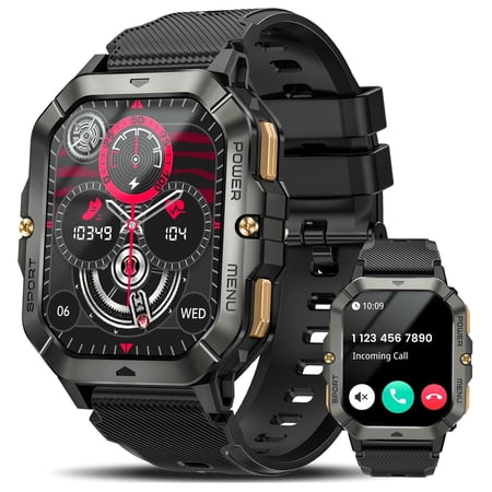 The C28 military smartwatch (can make/receive calls) is a 2.02-inch fitness smartwatch compatible with Android and Apple systems. It is a waterproof fitness tracker with body metrics/sleep monitoring