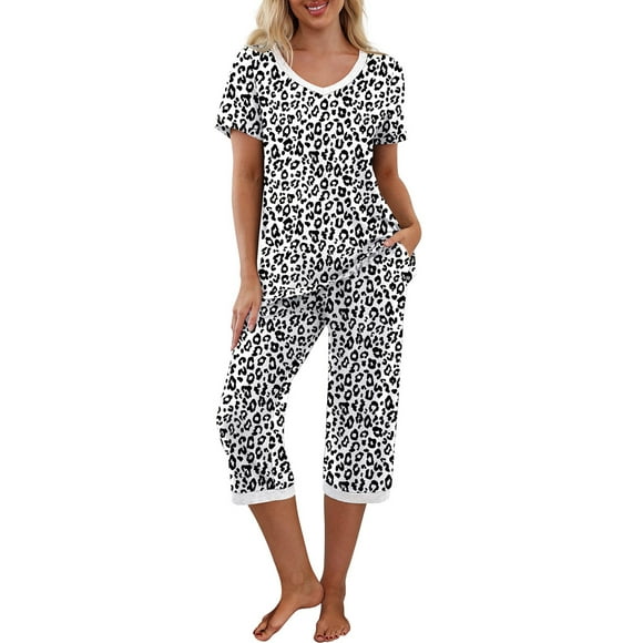 Kmbangi Pyjama pour Femmes Ensemble Manches Courtes V Cou T-shirt et Pantalon Capri Vêtements de Nuit Contraste Couleur / Floral / Léopard Lounge Costumes