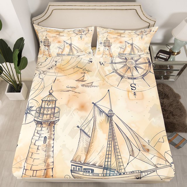 YST Vintage Nautical Bedding Queen Size Retro Compass Lighthouse Bed Sheets, Old Sailing Boat Fitted Sheet World Nautical Map Bed Set, Grunge Beige Sheet (Deep Pocket)