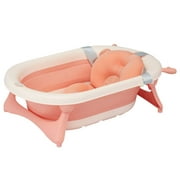 Kinbor Foldable Baby Bathtub - Baby Temperature Bathtub w/ Ridge Protection Soft Cushion & Pillow for Newborn, Pink
