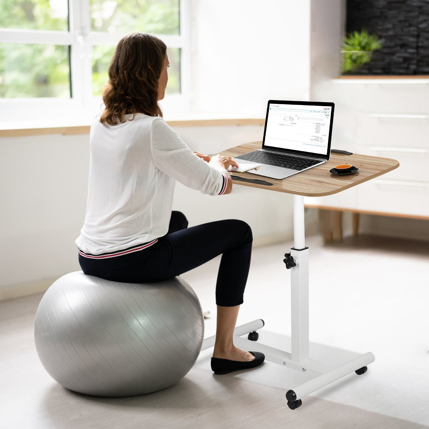 Adjustable Height Rolling Laptop Table Portable Mobile Standing Desk with Wheels Tilting Angle for Home Office 23.6x15.7x37.4in, Wooden