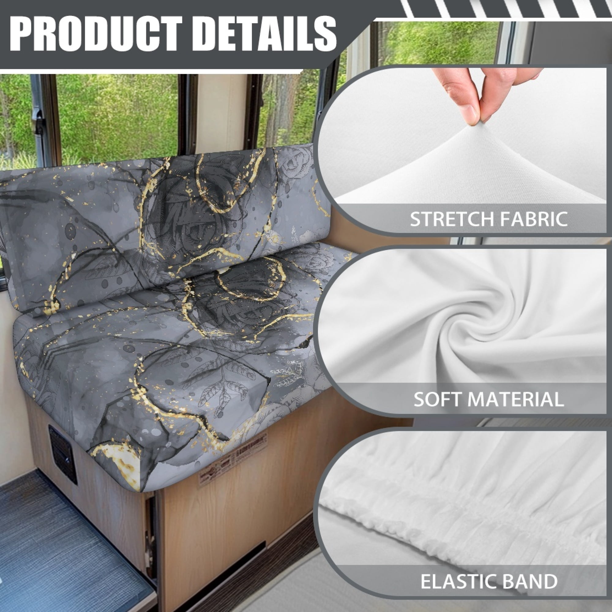 Yuyamidu Gray Marble Print RV Dinette Cushion Covers Rose Camper Cushion Slipcovers 2 Pack Elastic Camper Dinette Seat Covers RV Sofa Slipovers Protection