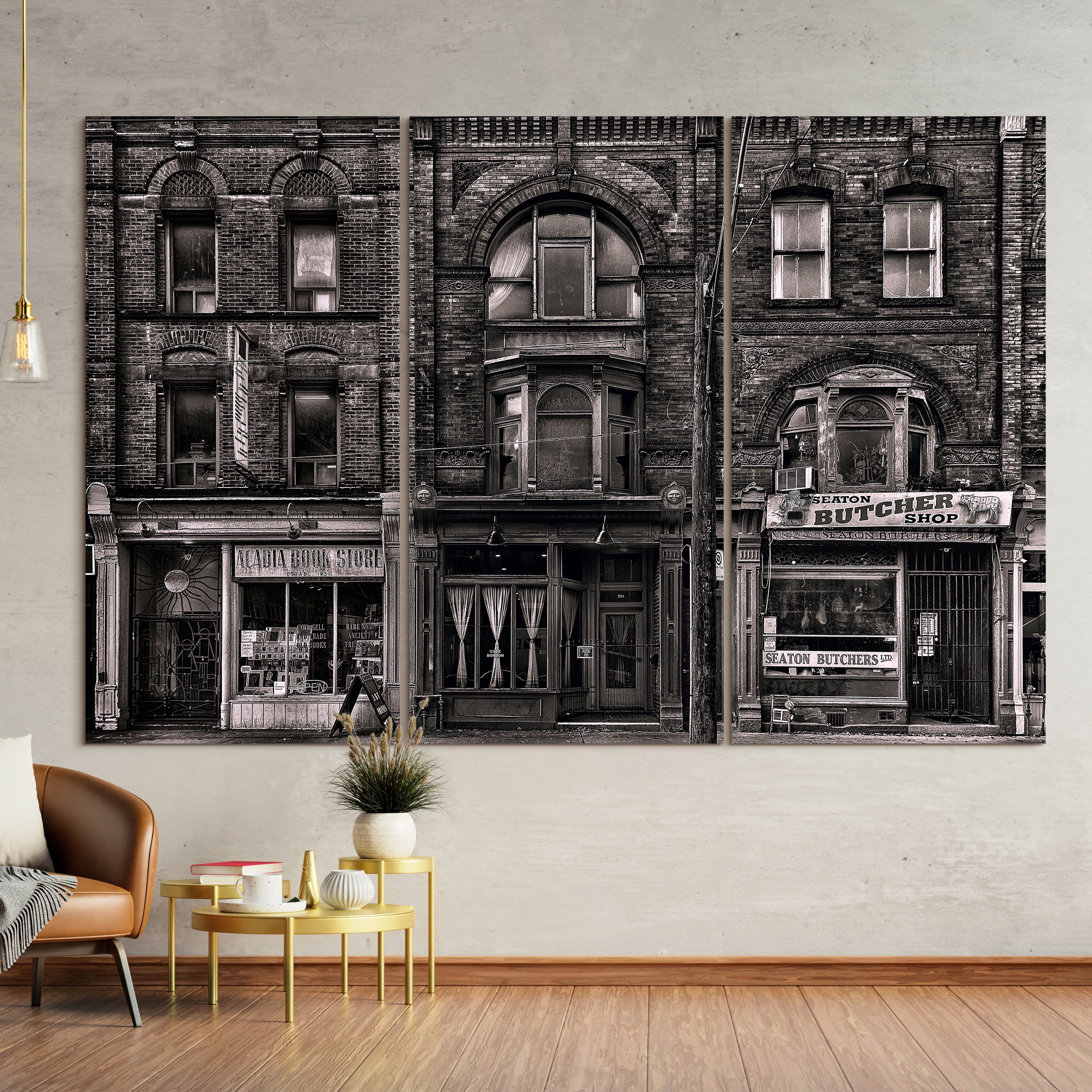 "Historic Brownstone Trio" Buildings Frameless Reverse Printed Tempered Art Glass Wall Art