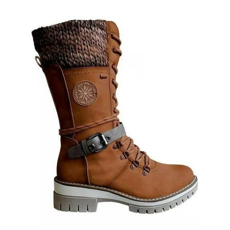 

GENILU Women Fashion Casual Mid-Calf Boots Side Zip Riding Boot Work Lace Up Winter Shoes Brown 9