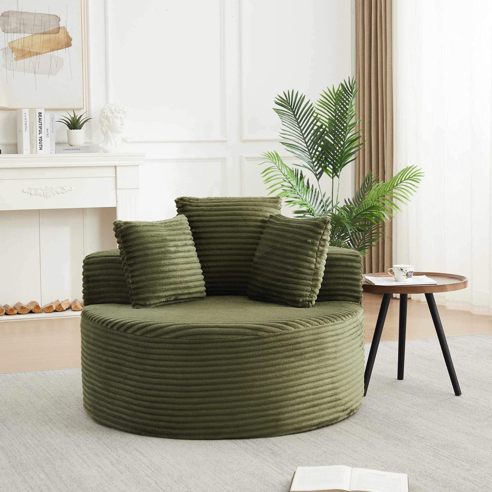 Leumius Corduroy Lounge Chair,Deep Seat Single Sofa with Pillow, Round Chaise Longue Chair for Living Room,No Assembly Required,Green