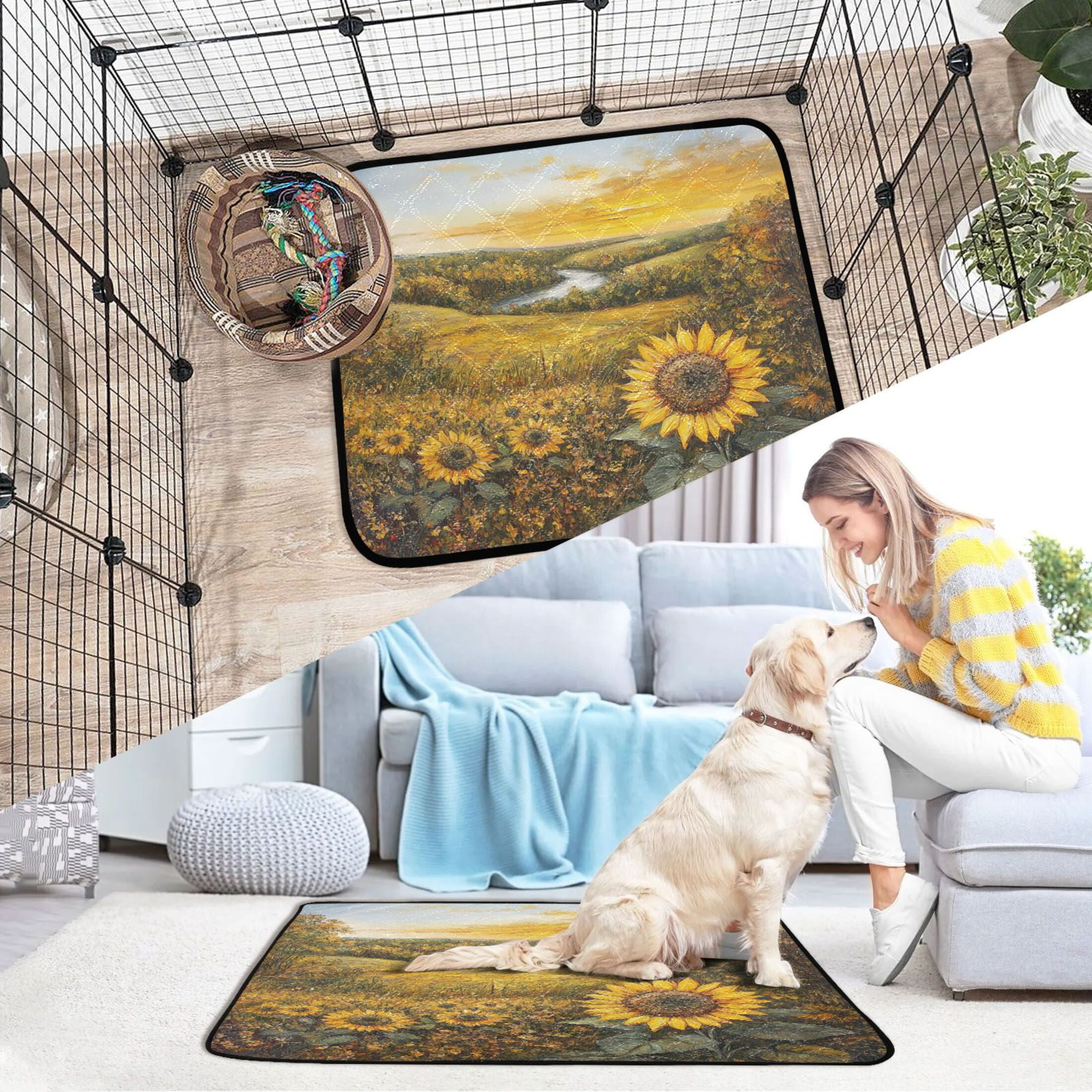 Qxltty Oil Painting Of Sunflower Cat litter Pads Pet Set of 3 Diaper Mats Center Anti-leakage Layer Absorbent Soft and Comfortable