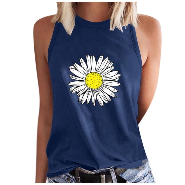 Débardeurs pour Femmes à Imprimé de Marguerites, T-Shirts Sans Manches Décontractés à Col Rond, Débardeurs de Base d'Été pour l'Entraînement (m, Marine)