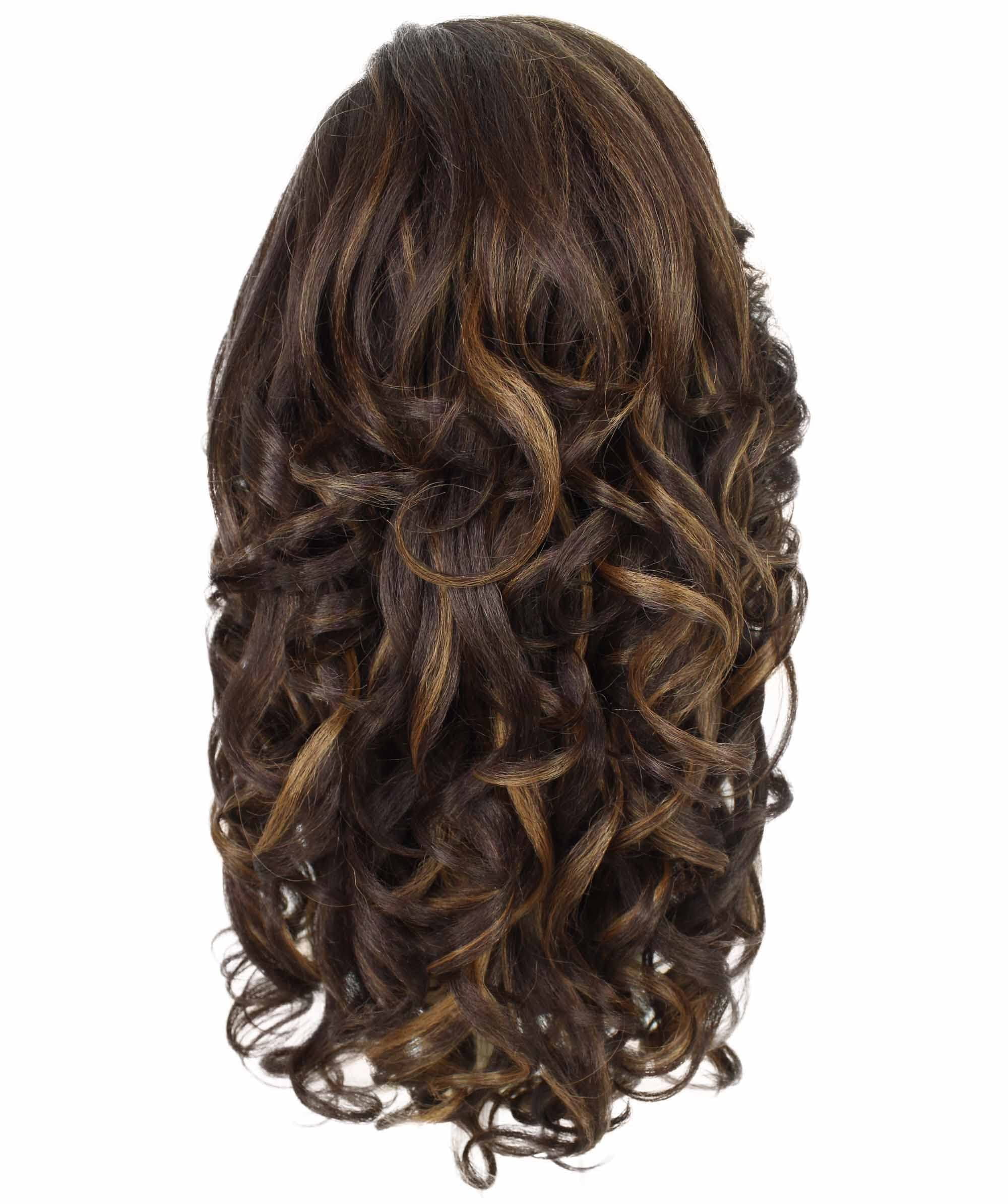 LUXLUXE Nia Wavy Glamour 20 in Long T Part Lace Front Wig, Heat Resistant Fibers, Dip Dyed, & Blended Brown with Golden Highlights Colors