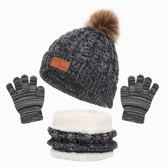 Beanie Knit Hats Hat Scarf Gloves Set Kids Winter Hat Scarf Gloves Set With Knit Thick Warm Fleece Lined