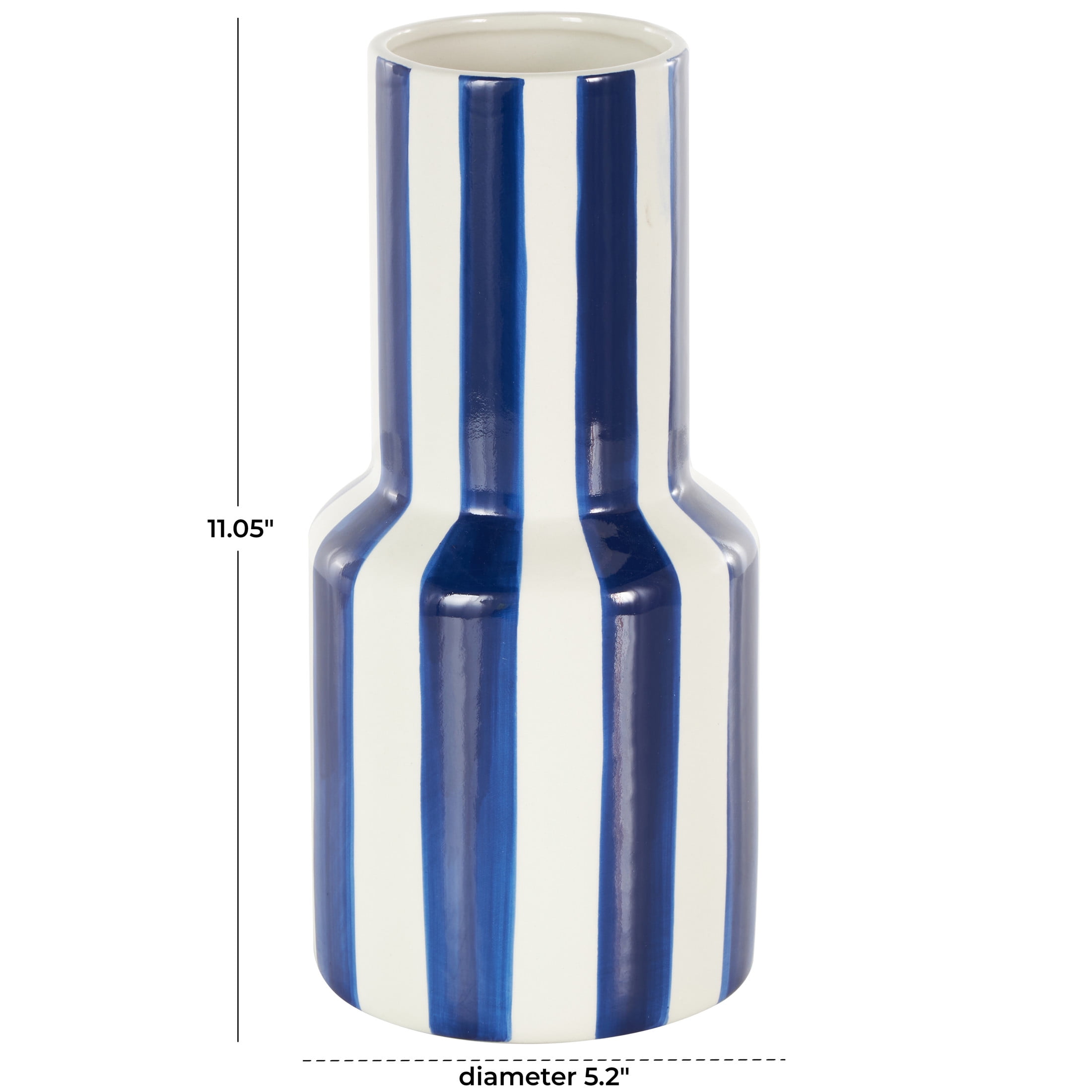 DecMode 11" Round Blue Ceramic Vase with White Vertical Stripes