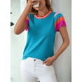 thumbnail image 4 of Women's Short Sleeve Color Block Tops Crewneck Pullover Sweater Knit Clothes Top for Casual Beach Vacation Blue S, 4 of 9