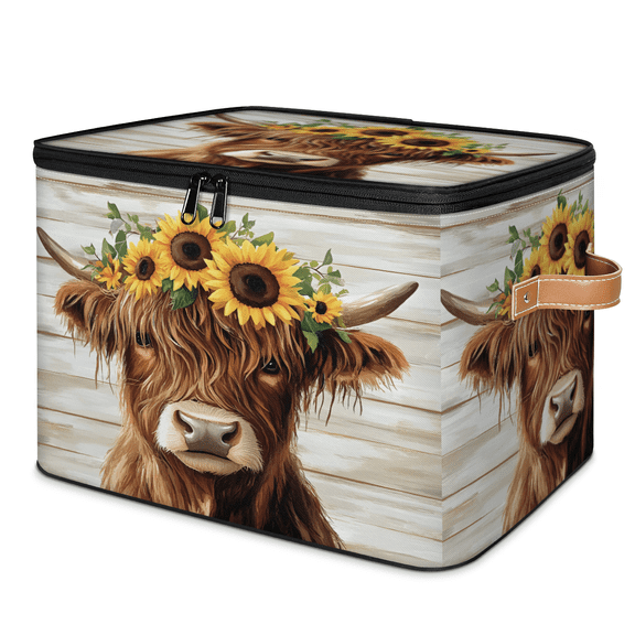 CURLYOOT Highland Cow and Sunflowers Retro Storage Bins with Lid, Decorative Fabric Storage Boxes, Foldable Closet Shelf Organizer Baskets for Bedroom, Living Room, Home