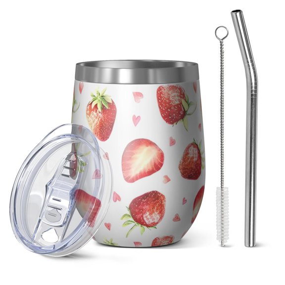 12oz Stemless Wine Tumblers Strawberry Plants Fruit Heart White Pattern Vacuum Insulated Stainless Steel Travel Tumbler Cups Mug with Lid and Straw for Champaign,Cocktail,Beer with Cleaning Brush