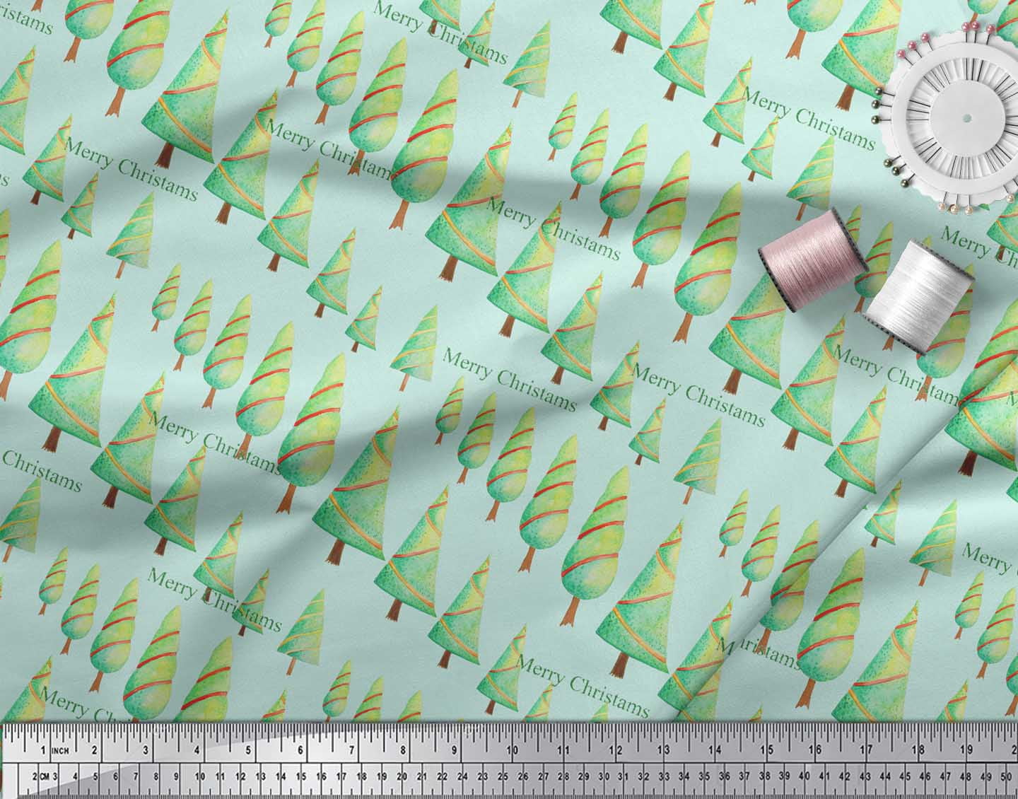 Soimoi Green Georgette Viscose Fabric Text & Christmas Tree Print Fabric by the Yard 42 Inch Wide