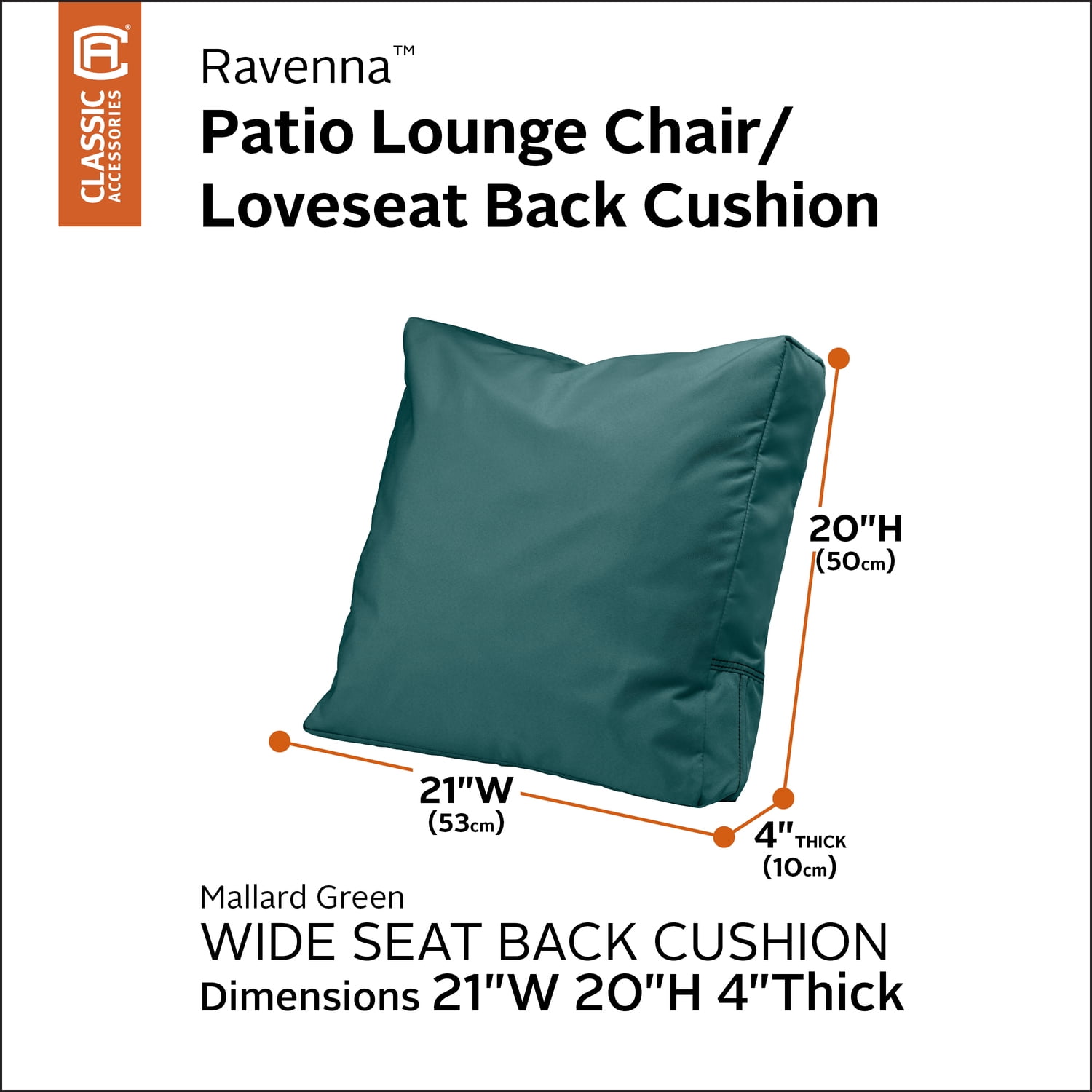 Classic Accessories Ravenna Water-Resistant Patio Lounge Chair/Loveseat Back Cushion, 21 x 20 x 4 Inch, Mallard Green
