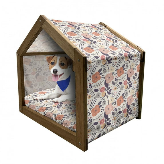 Flower Pet House, Vintage Pastel Colors of Abstract Floral Image with Doodle Flower Motifs and Dots, Outdoor & Indoor Portable Dog Kennel with Pillow and Cover, 5 Sizes, Multicolor, by Ambesonne