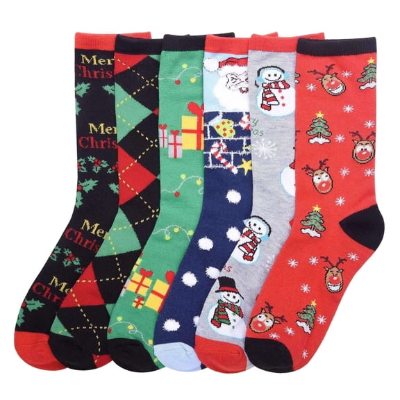 Couver Women's Patterned Crew Socks, 6-Pack, Christmas, Size 9-11