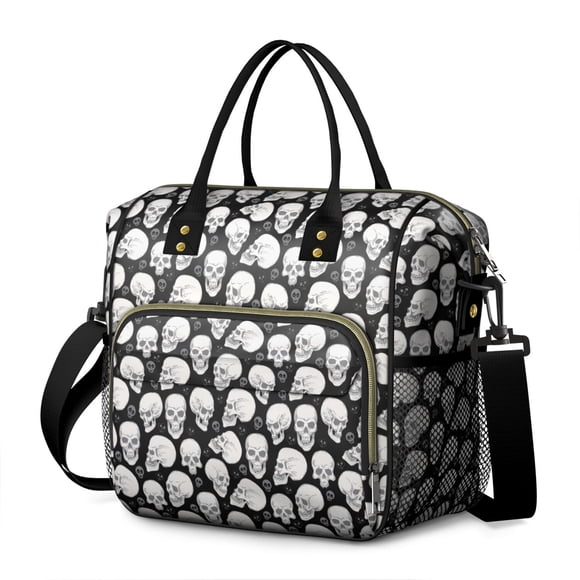 Mandala Bone and Horror Skull Insulated Lunch Tote, Large Leakproof Lunch Box Cooler with Retro Gothic Butterflies and Fire Prints