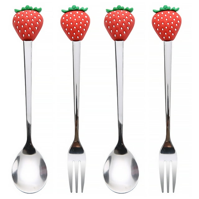 Cuchara de tenedor de acero inoxidable de 4 piezas, herramientas para comer encantadoras, vajilla con patrón de frutas