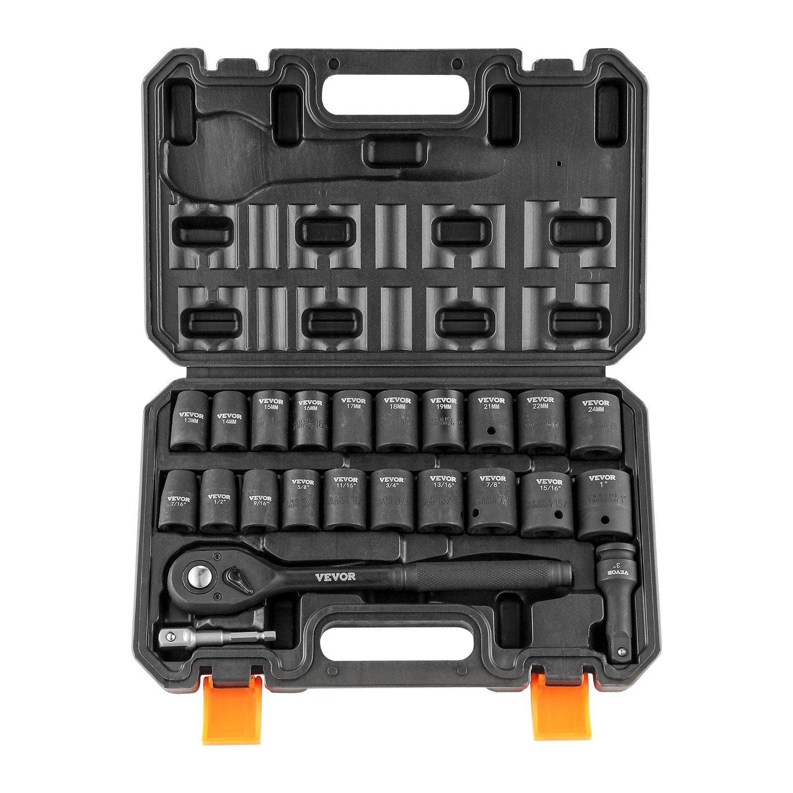 Professional 1/2" Drive Impact Socket Set, 23-Piece SAE/Metric, 6-Point Cr-V Steel, with Ratchet Handle & Durable Storage Case