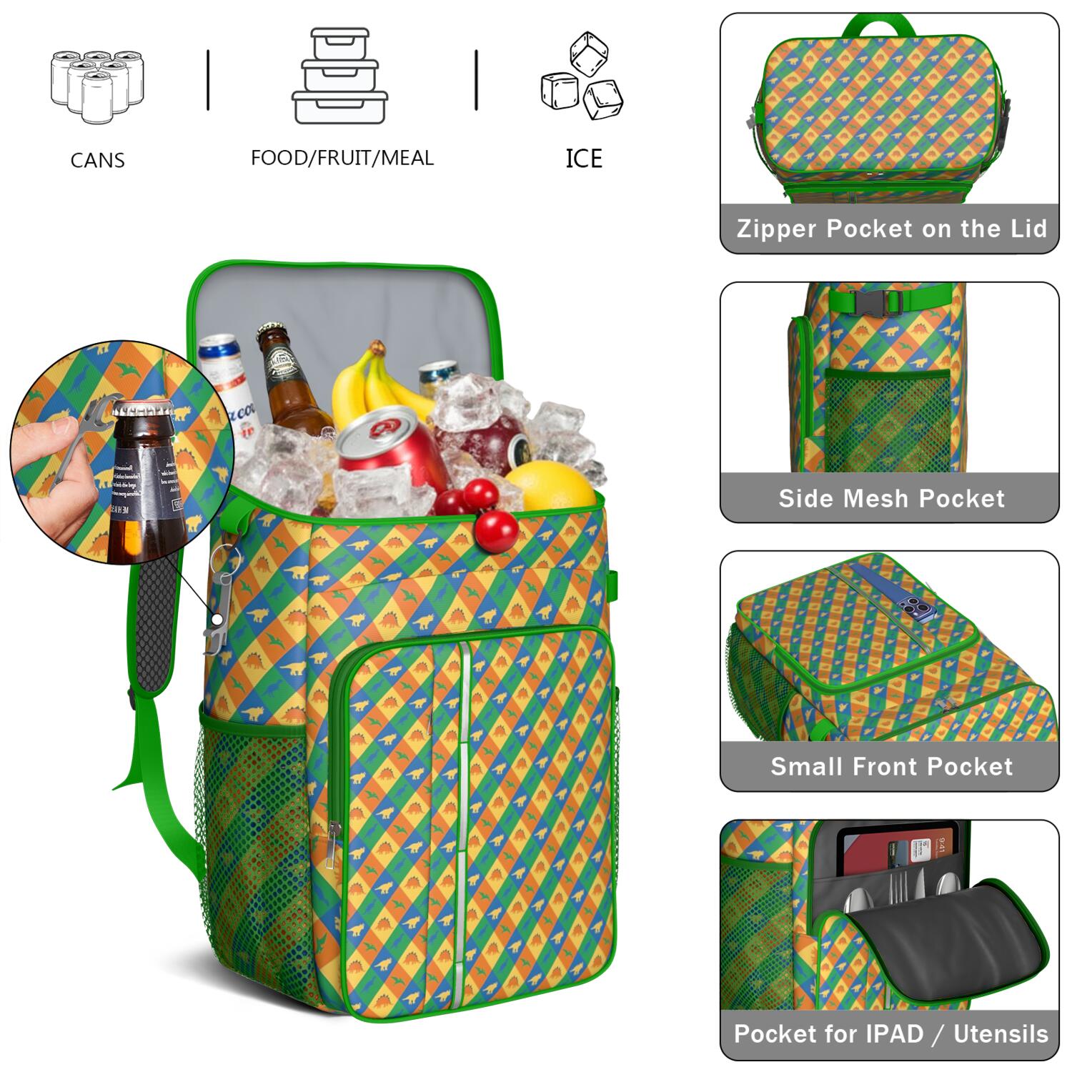 Travel Cooler Bag - Colorful Checkered Dinosaurs Pattern Camping Beer Cooler Backpack with Bottle Opener- Waterproof Insulated Picnic Backpacks - Cooler Bag for Beach