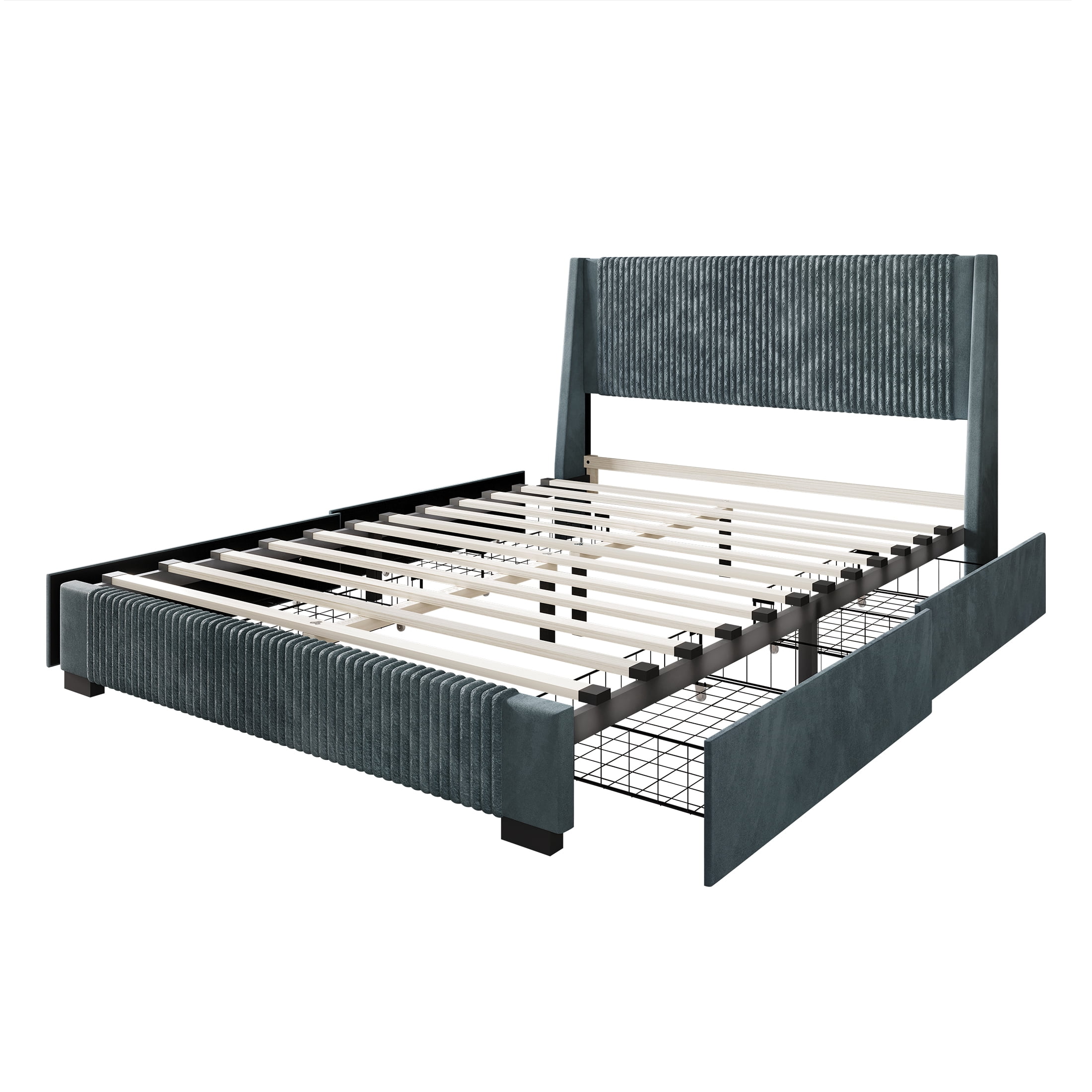 Castle Place Corduroy Velvet Queen Platform Bed With Storage, Light Blue