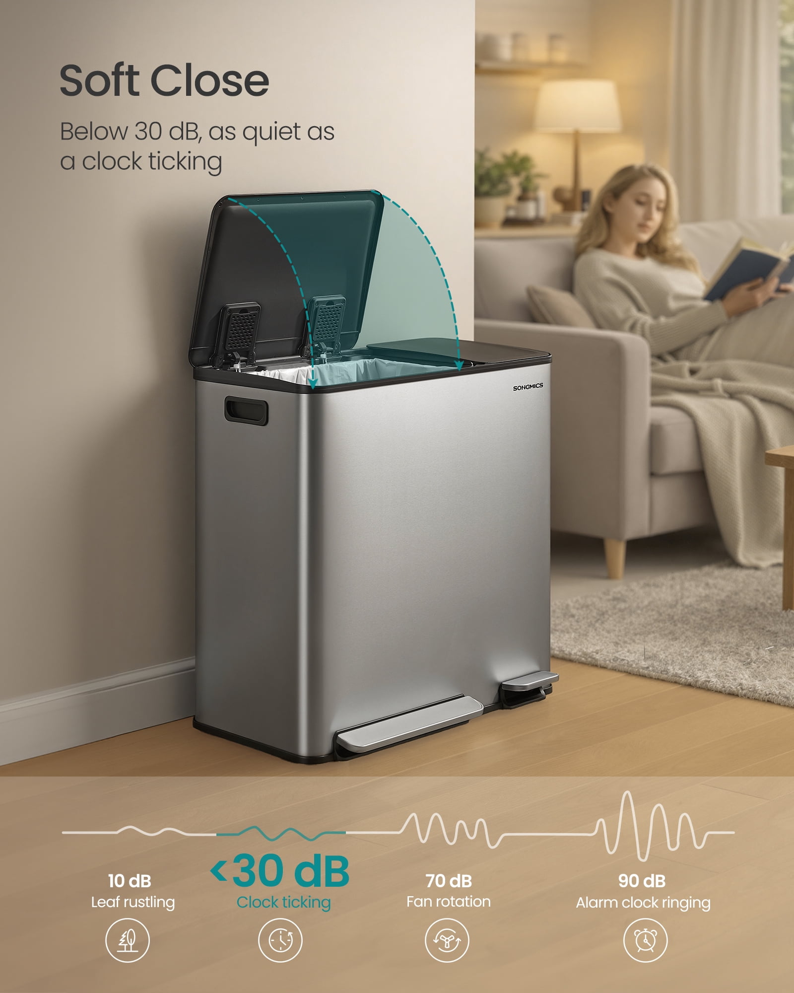 SONGMICS Kitchen Dual Trash Can, 13 + 5.3 Gallon 2-Compartment Trash Bin,Stainless Steel Garbage Can, Pedals, Soft-Close Lids, Inner Buckets, Silver