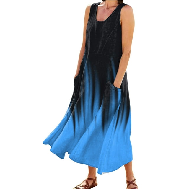 B91xZ Robes d'Été pour Femmes Sans Manches Mode Unie Col en V Lanterne Fluide Robe Ample, Marine m