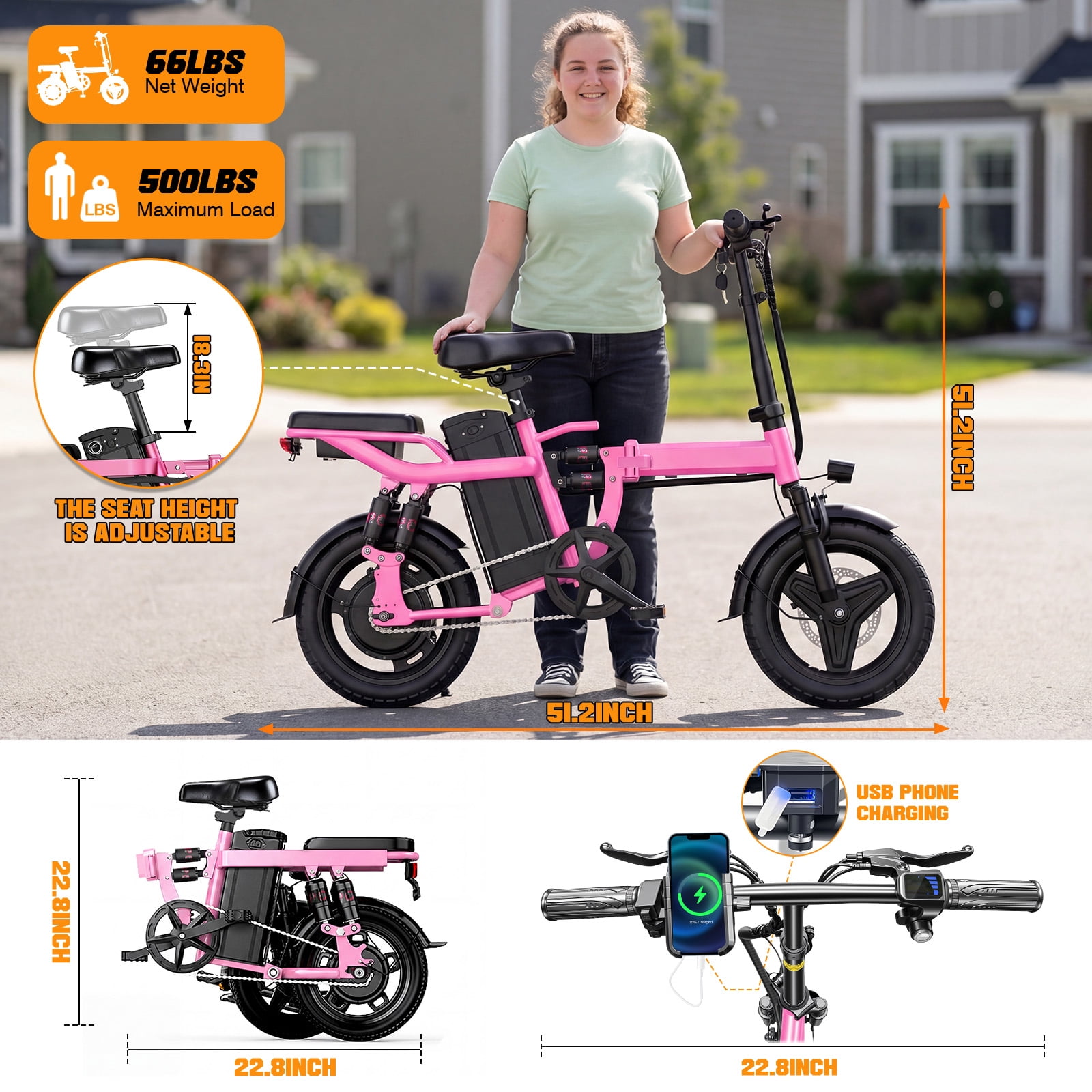 14''Foldable Adult Electric Bike, 48V 12ah 750W Motor, 3-Speed Gearing, Six-Spring Shock Absorber, Front And Rear Led Safety Lights, Portable Design, With Basket/Phone Holder/Lock,Pink