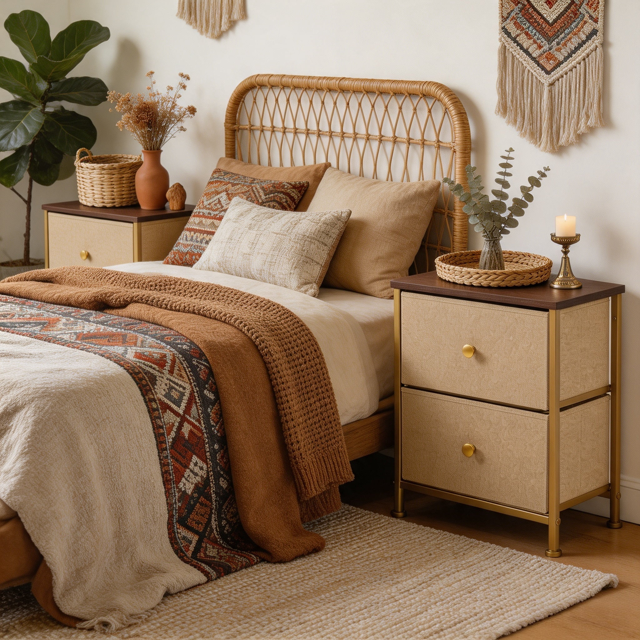 Double Drawer Bedside Table for Bedroom Living Room Storage