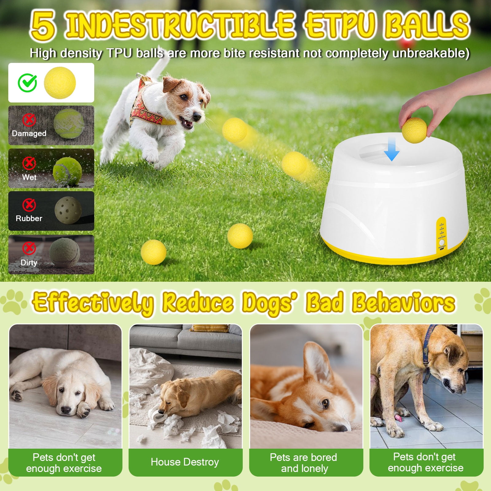 Eurhowing Automatic Ball Launcher for Dogs, Interactive Fetch Machine with 3-Level Distance(20-46ft) & 5 Balls, Dog Ball Thrower for Indoor & Outdoor Play, Yellow