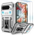 thumbnail image 1 of KOMI for Google Pixel 9 Case/Pixel 9 Pro Case with [2 Pack] HD Screen Protector + Slide Camera Cover, 360° Rotation Ring Kickstand [Military Grade] Shockproof Protective Phone Case, Grey, 1 of 5