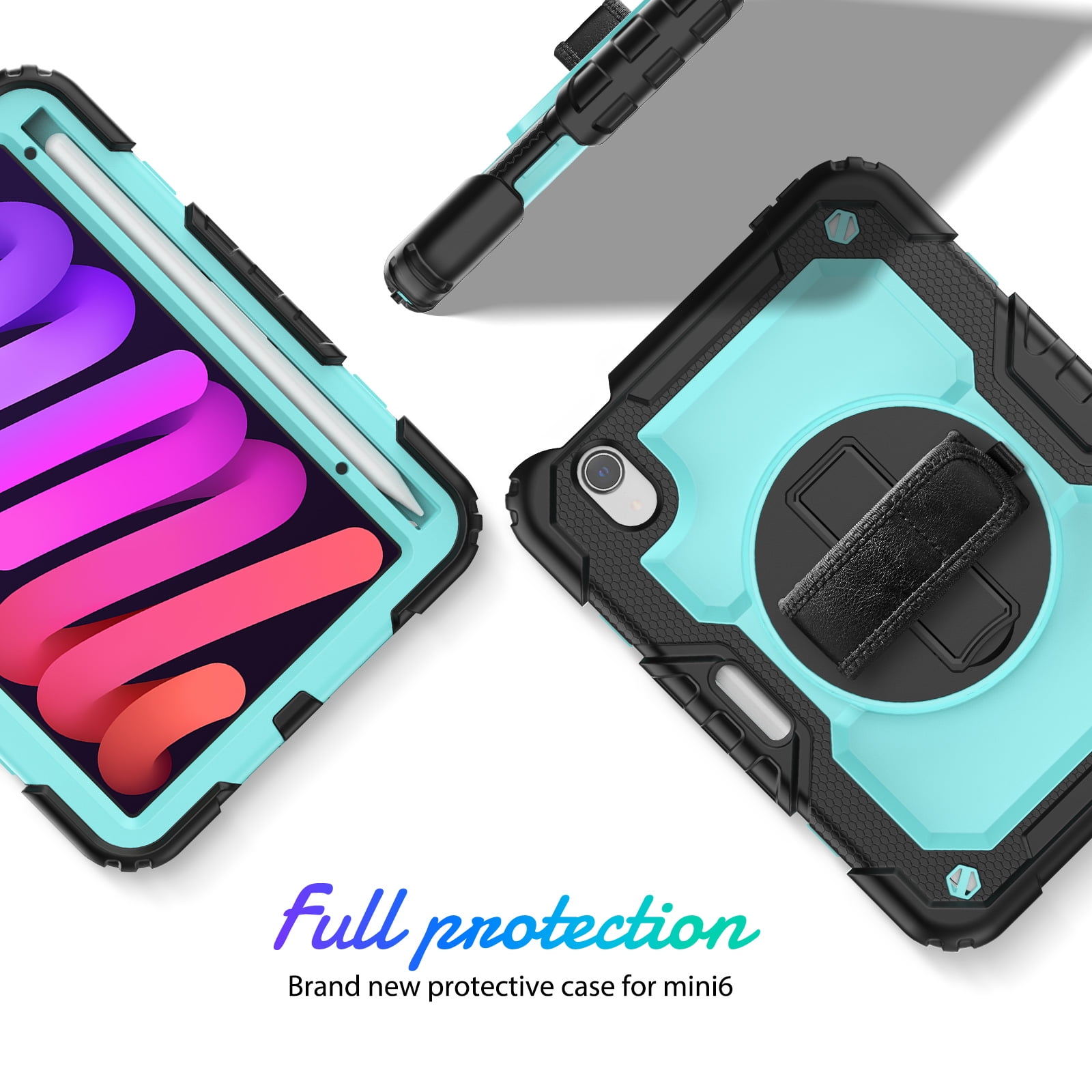 Shockproof Case for Apple iPad mini 6 /7 8.3" with Build In Screen Protector, Rugged Rotating Stand Shoulder Strap Pencil Holder Kids Friendly Bumper Case for Apple iPad mini 6/ Mini 7, Mint+Black