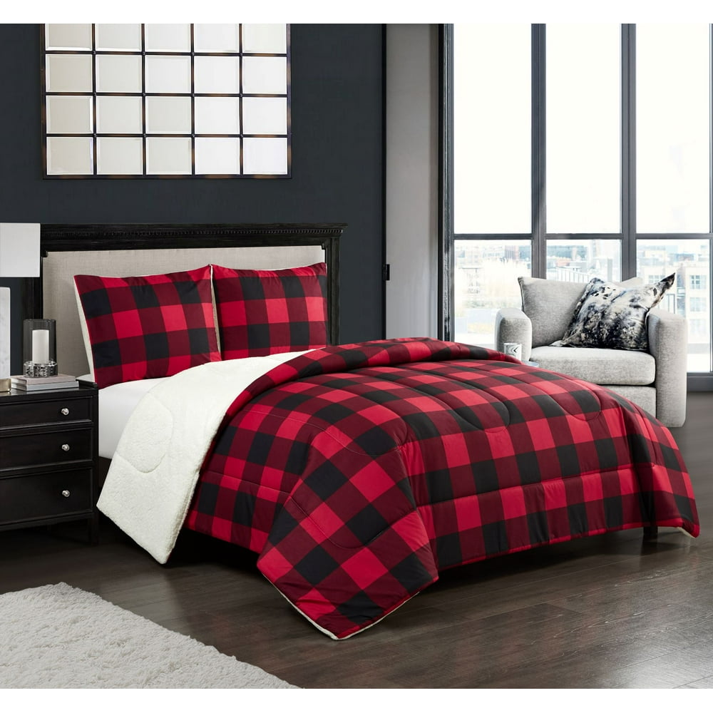 Mainstays Plaid Polyester/Flannel/Sherpa Bed Blankets, Full/Queen, Red