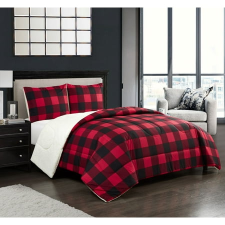 Mainstays Buffalo Plaid Cozy Flannel Reverse to Super Soft Sherpa Comforter Set, Full/Queen