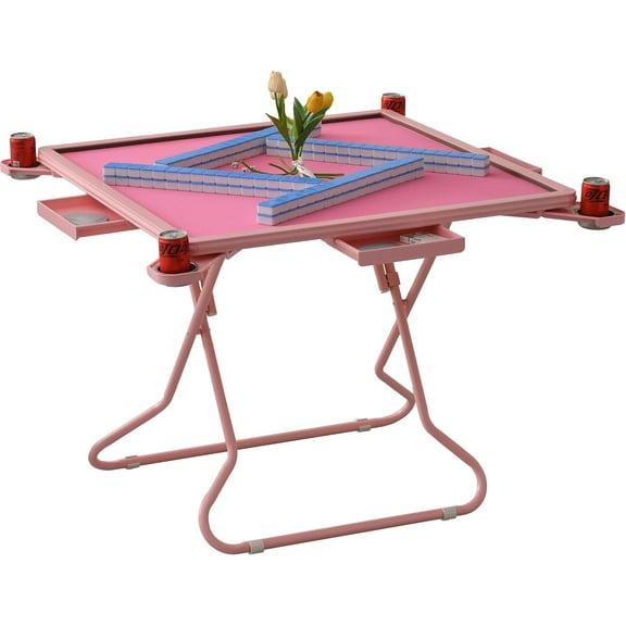 Pink Domino Table with Folding Legs, 32In*32In Extra Large Desktop Pink Mahjong Table, Built in Drawers and Cup Holders, Great for Poker Cards, Mahjong, Board Games