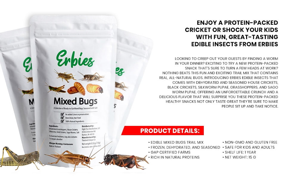 Erbies Edible Bugs Mixed Trail Mix, 15g Bag, Seasoned and Crunchy Insects, Crickets, Grasshoppers, Silkworm Pupae, and Sago Worms, Protein Packed Snack, Fun Gift Idea (1-Pack)