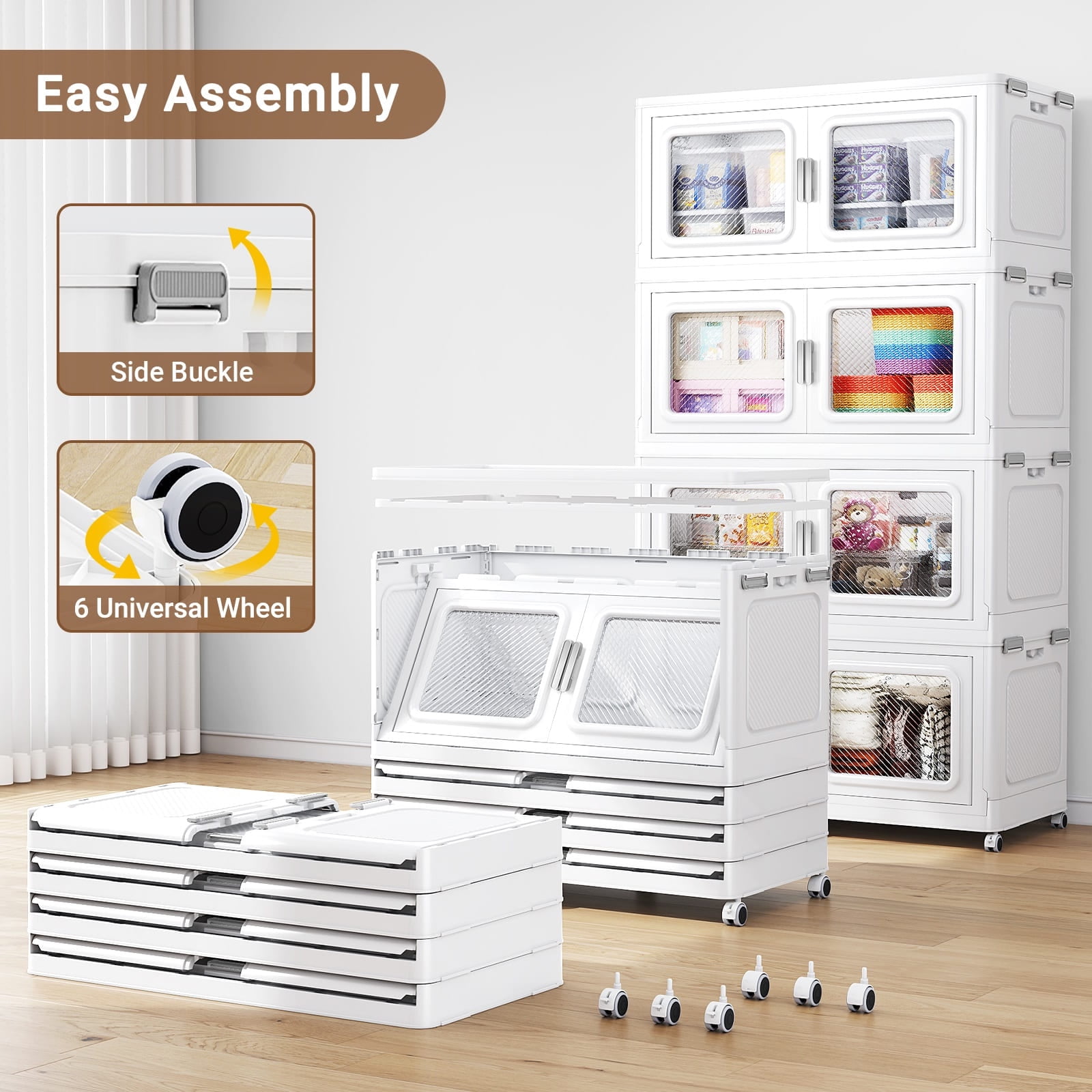 1200Qt Extra Large Stackable Storage Bins with Lid, 300Gal Collapsible Closet Organizer and Storage Drawers with Wheels, Plastic Storage Box, 4Packs, White