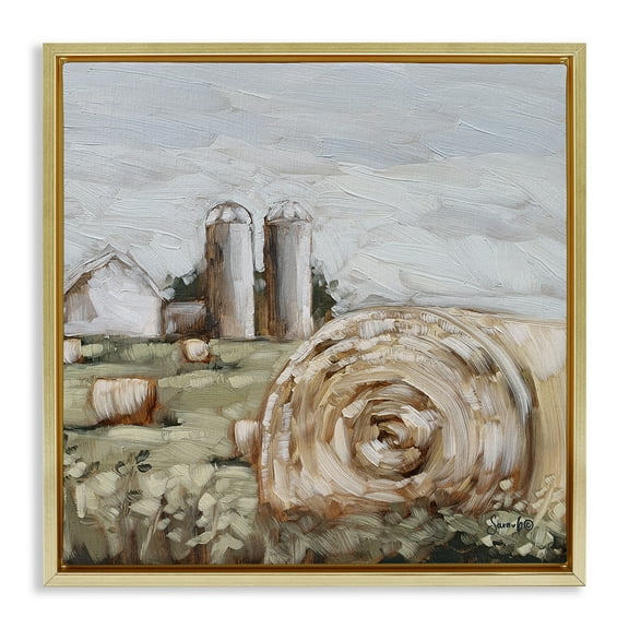 Stupell Industries Hay Bales Farmland Pasture Landscape Painting Gold Floater Framed Canvas Art Print Wall Art, 25 x 25