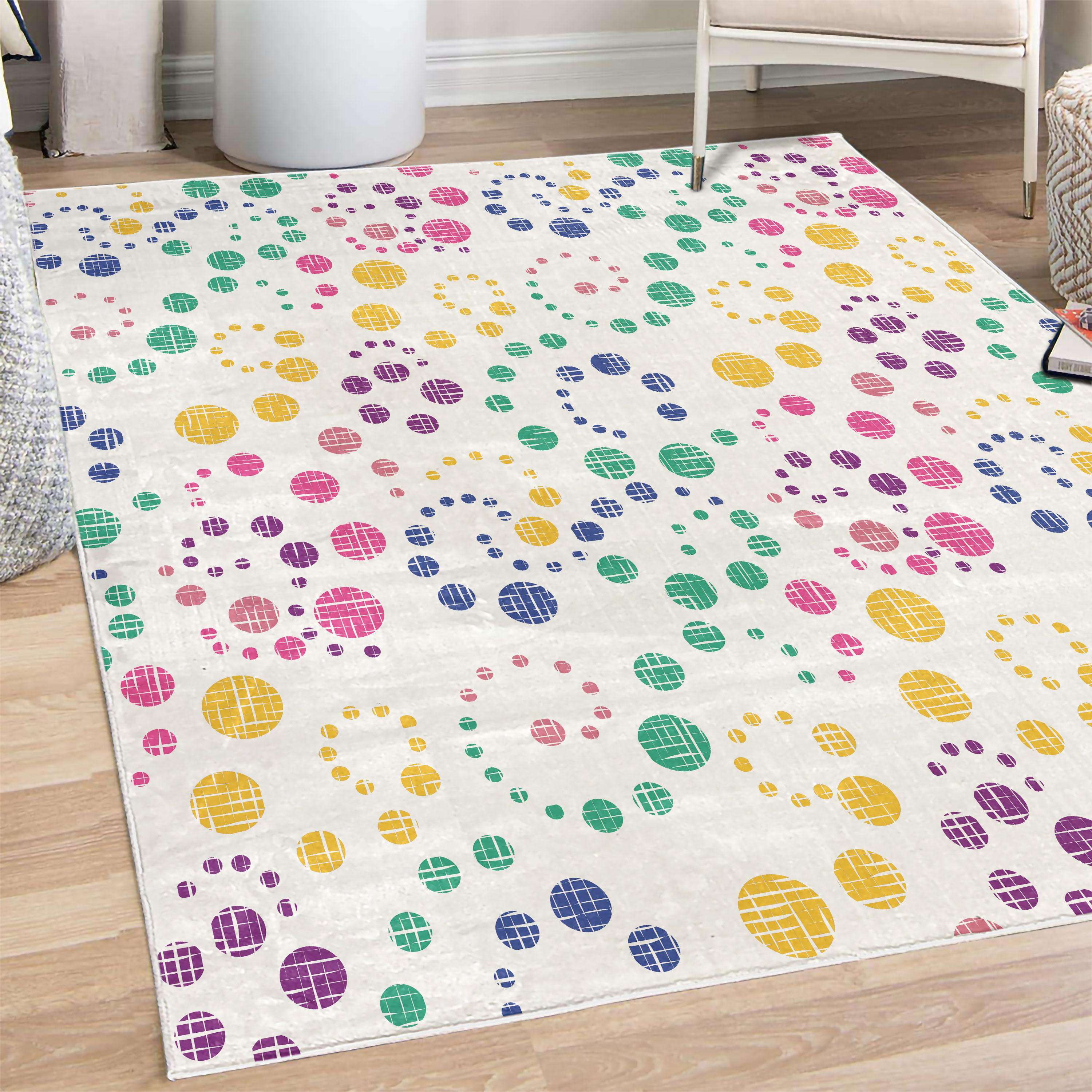 Modern Art Decorative Rug, Grunge Polka Dots Spots Backdrop Motif Retro ...