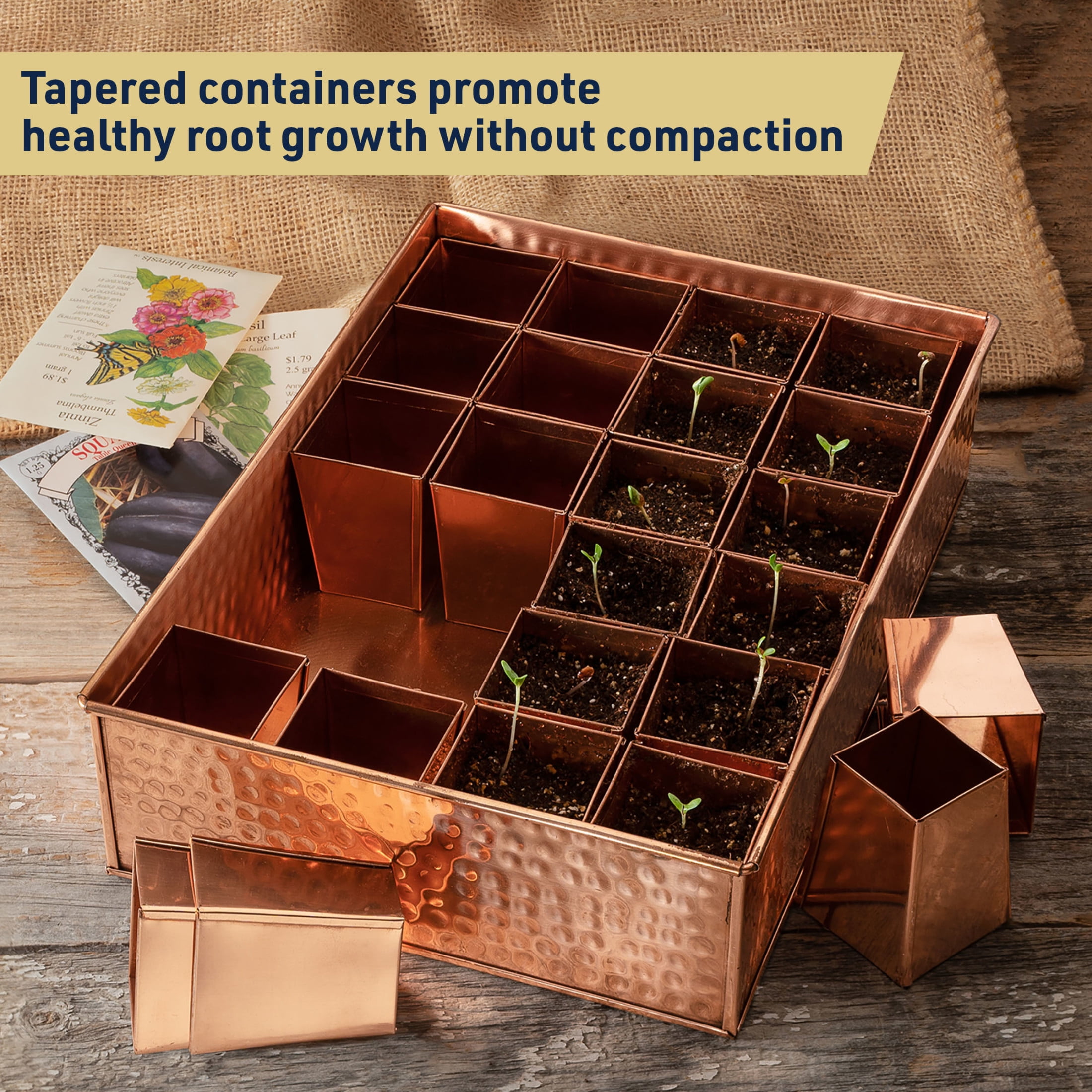 Kings County Tools Seed Starter Tray - Copper Metal Seedling Tray with 24 Tapered Plant Starter Pots