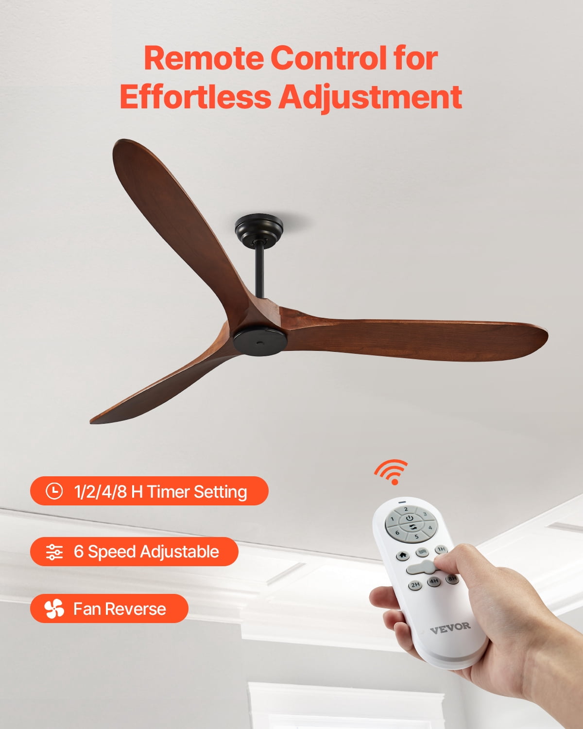VEVOR 72 Inch Ceiling Fan without Light, 6-Speed Remote Control,3-Wood-Blade, Reversible DC Motor, Modern Low Profile Flush Mount Exterior Fan for Bedroom, Living Room, Patio, Indoor/Outdoor, Walnut