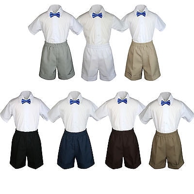 

3pc Set Boy Toddler Formal Party Royal Blue BowTie White Black Khaki Shorts S-4T